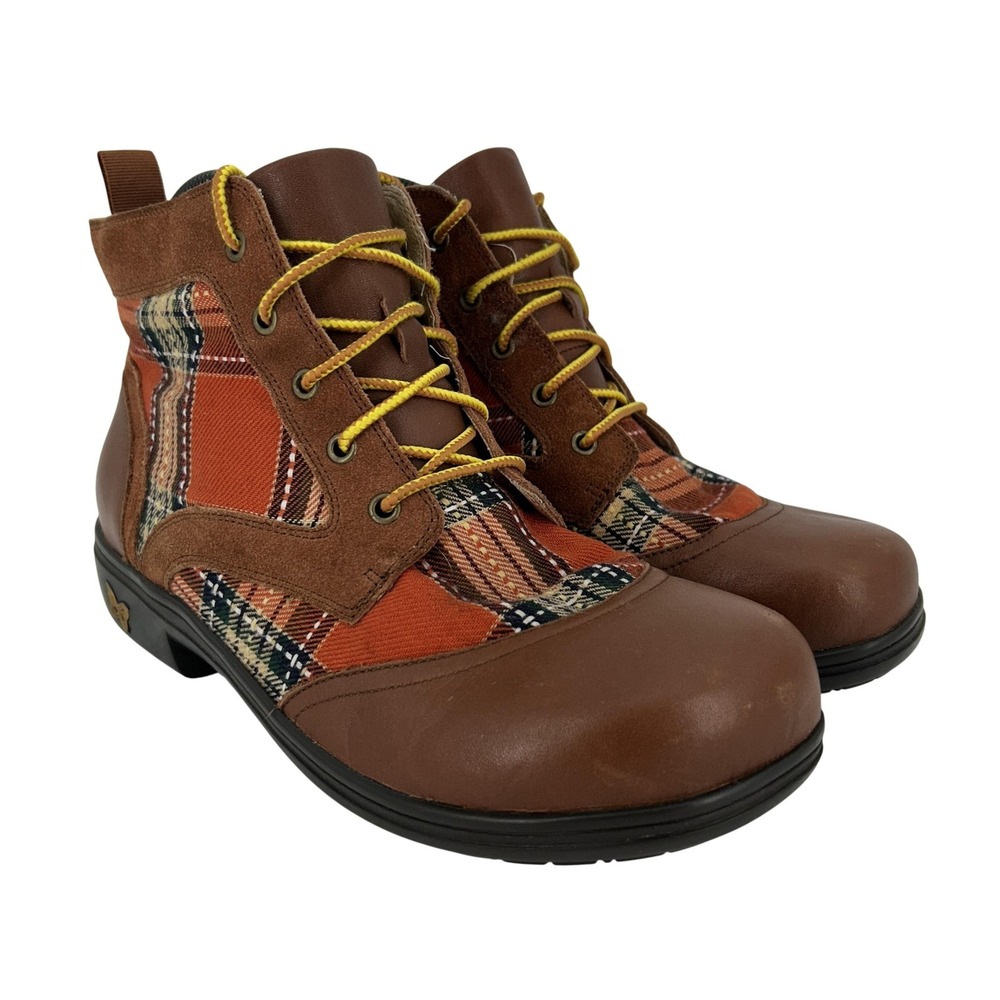 Alegria Kylie Boots Womens Size 9.5 Brown Leather Plaid Lace Up Ankle Booties
